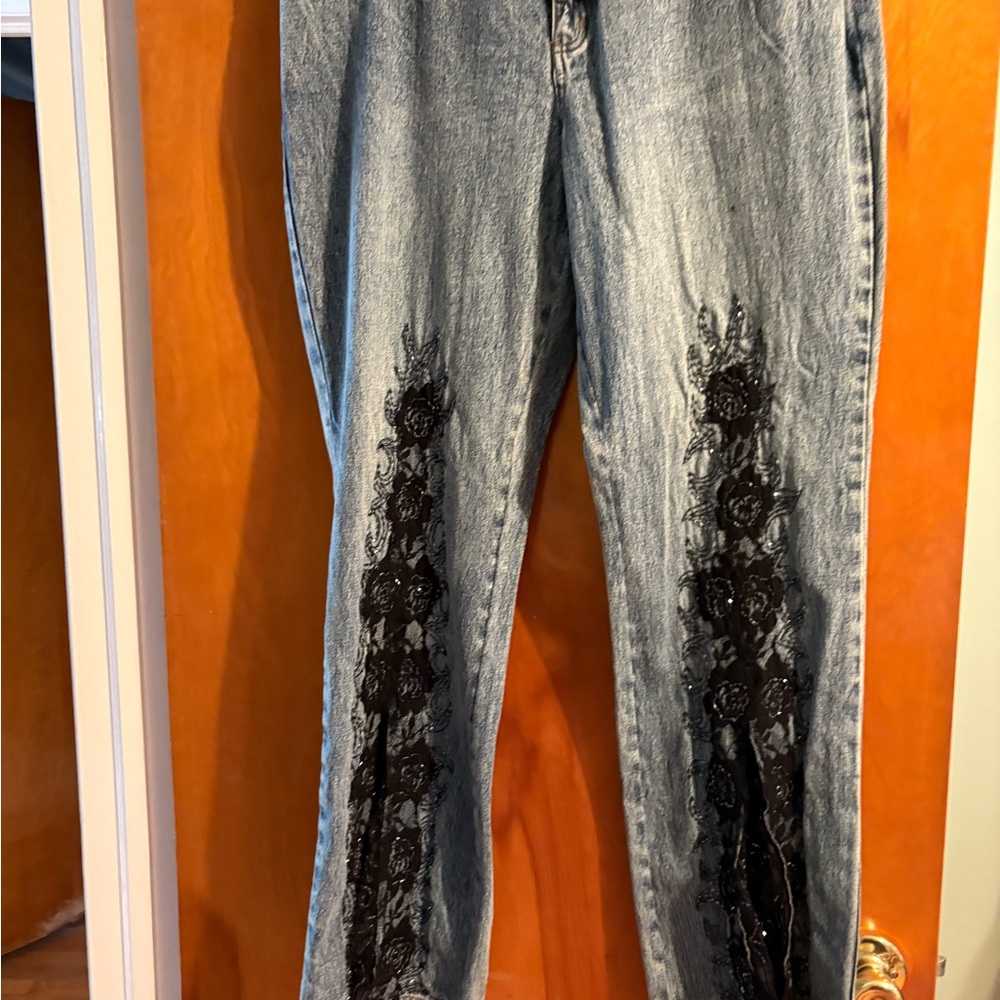 Black Flare Wide Leg Jeans with Artistic Design
